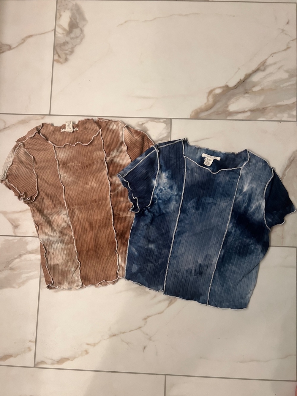 Full Tilt Tie-Dye Ribbed Crop Tops in Blue and Brown